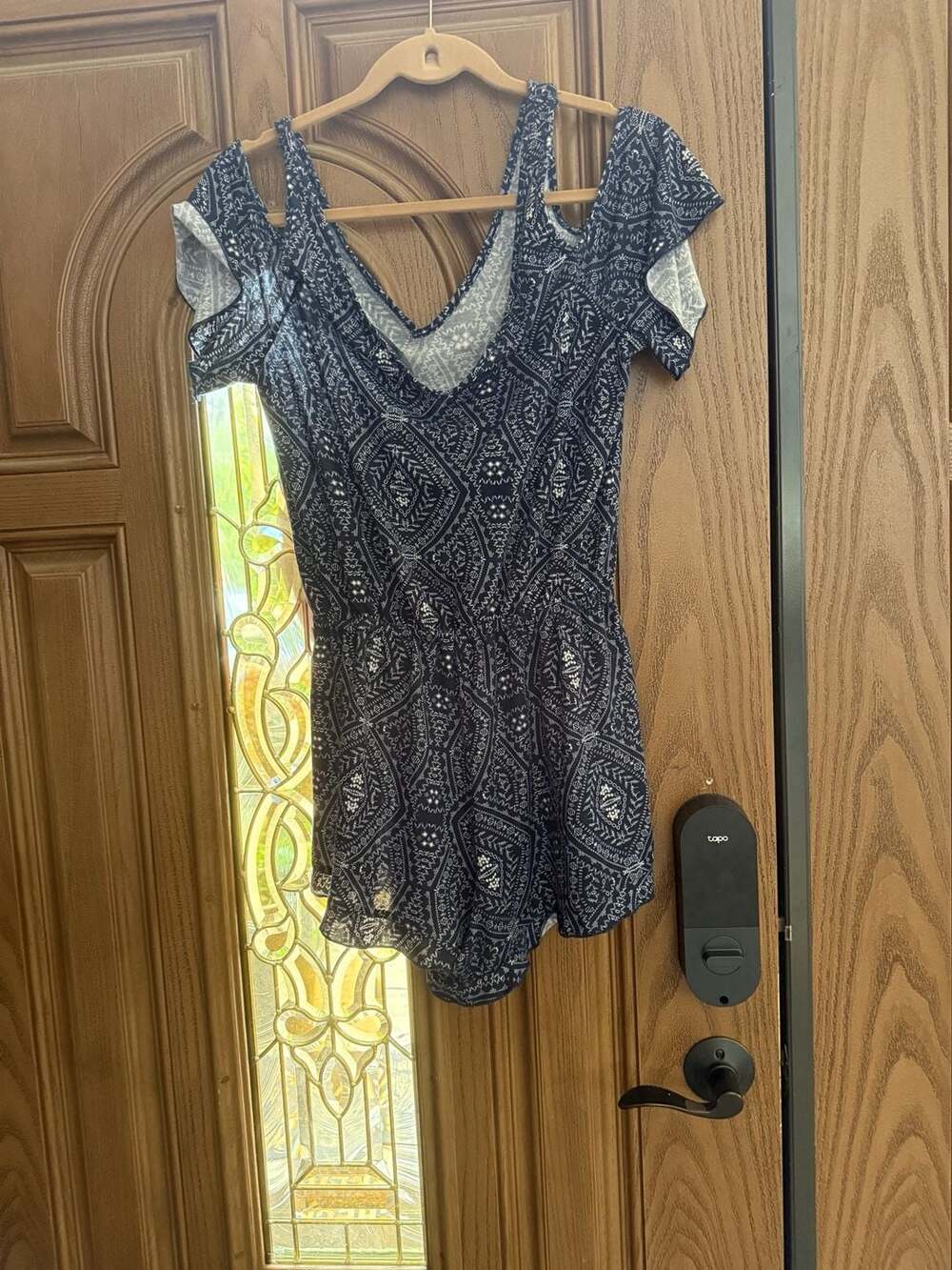 Derek Heart Cold Shoulder Printed Romper Blue White